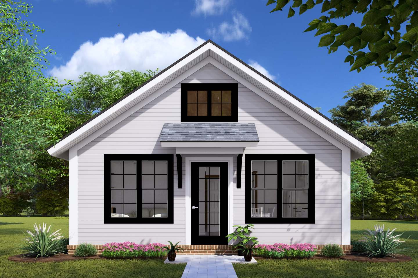 Rendering of W.L. Martin Plan 24442, a one-story 627 sq ft cottage with two bedrooms — a backyard ADU size